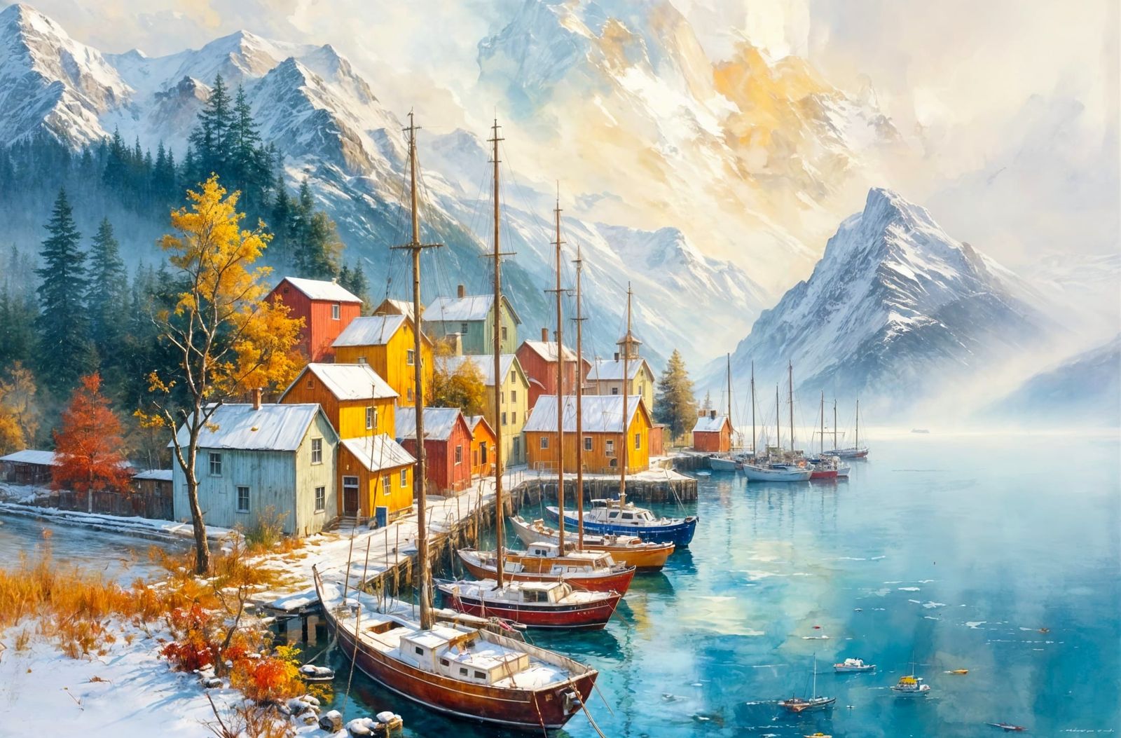 Luminous Impressionist Watercolour of Snowy Norwegian Fjord ...