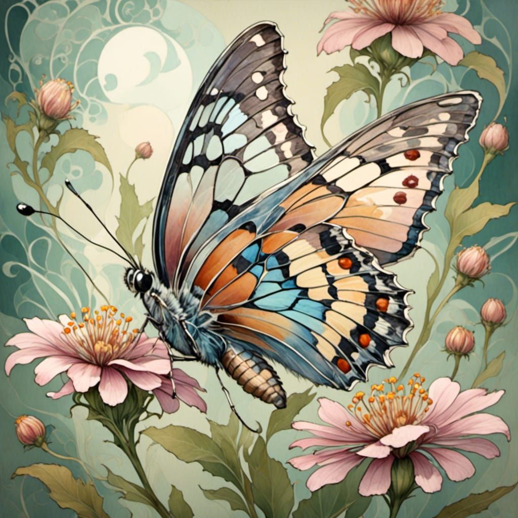 <lora:MuchaNouveau:1.0> butterfly, pastels, high definition