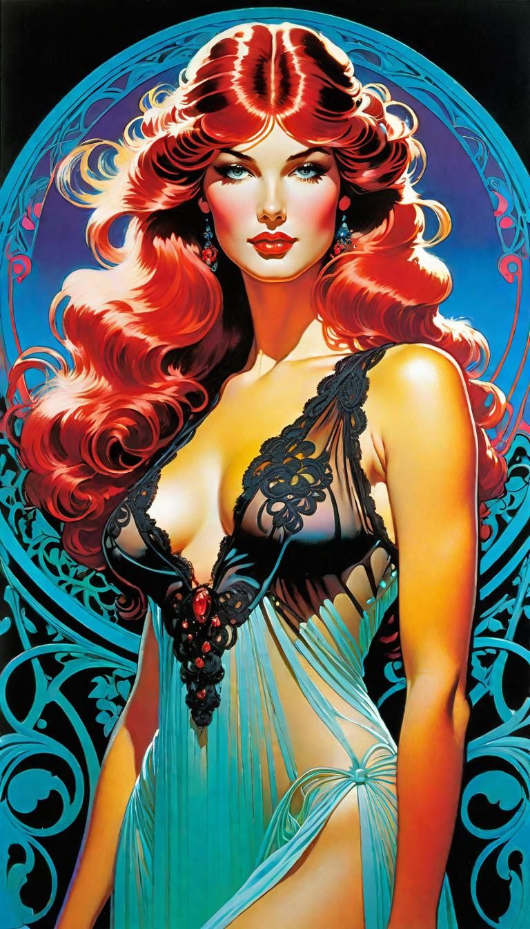 Art Nouveau Woman in Synthwave Neon Style