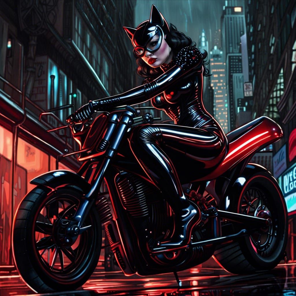 Curvy Catwoman in Vinyl Catsuit on Motorcycle
