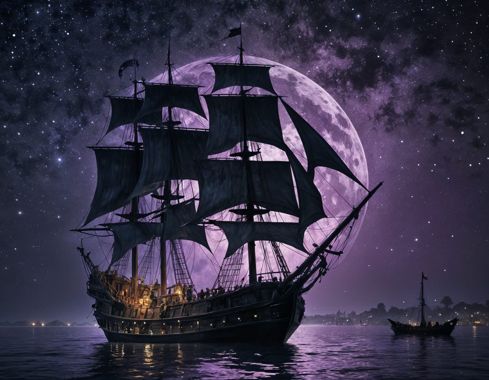 Mystical Pirate Ship Navigates Under Violet Moon in Impressi...