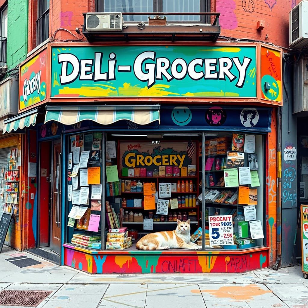 Vibrant Urban Bodega Scene with Graffiti and Street Art