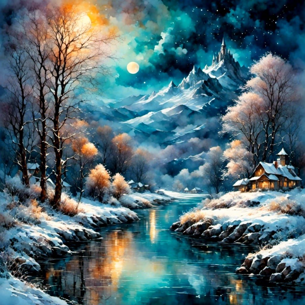 Moonlit Winter Riverscape in Watercolor Style