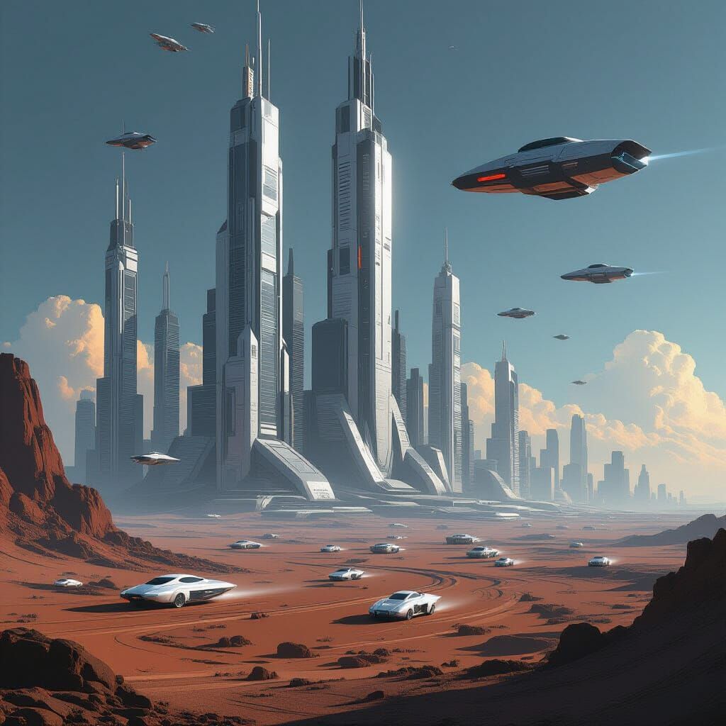 Dystopian Futuristic Cityscape with Flying Vehicles