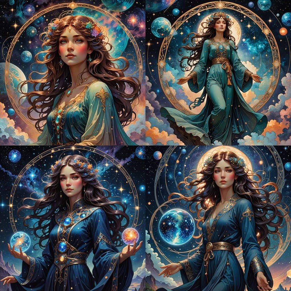 Celestial Sorceress Amidst Cosmic Nebula, in Art Nouveau Sty...
