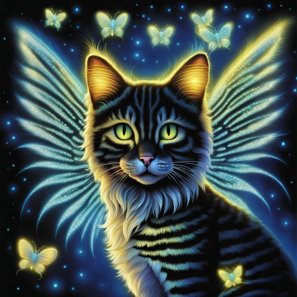 Fuzzy texture stipple sparkly Bioluminescent Bioluminescence cat fairy with wings high resolution stipple Ethereal fuzzy...
