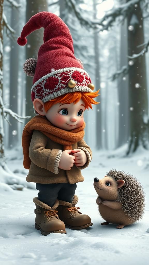 Gnome Boy and Hedgehog in Snowy Forest: 3D Anime Art