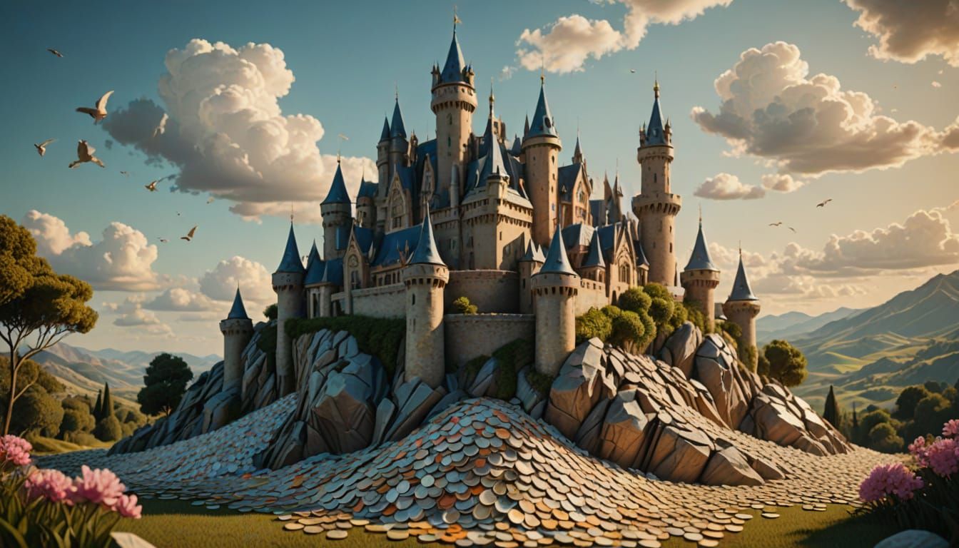 Majestic Banknote Castle Over Coin Landscape
