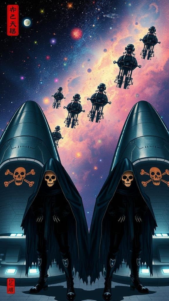 Space Pirates in Ukiyo-e Style Nebula Landscape