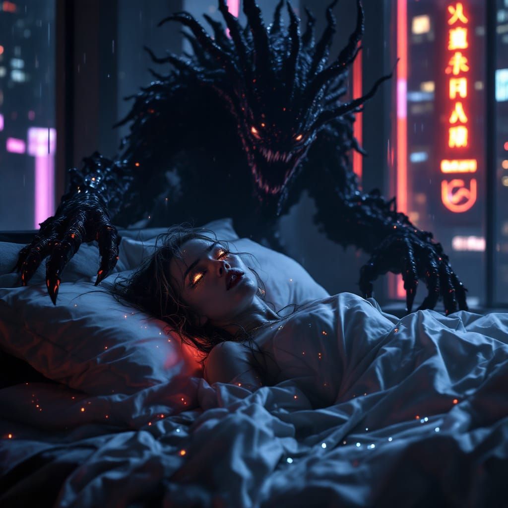 Cyberpunk Nightmare: Woman Frozen in Terror Before Umbral Ma...