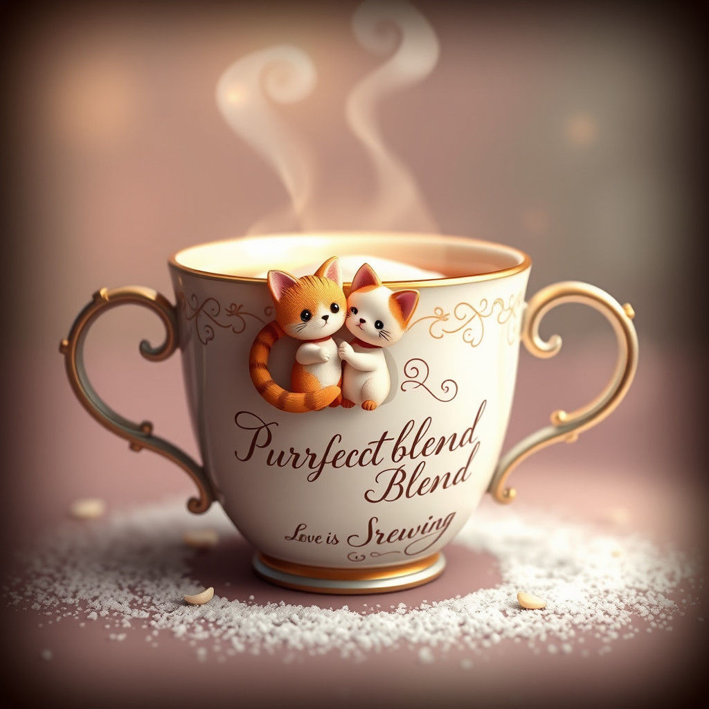 Whimsical Coffee Cup with Cat Couple Doll