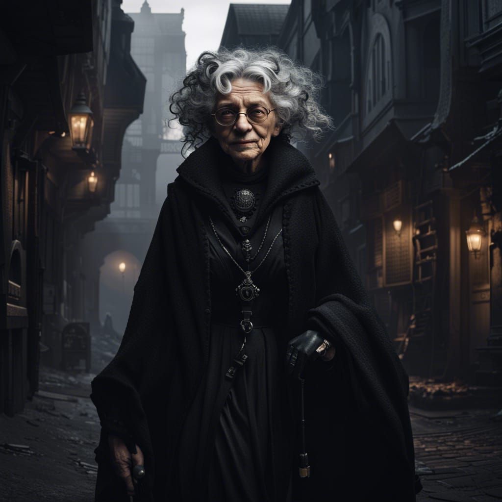 Baba Yaga in Victorian Cyberpunk City Alley