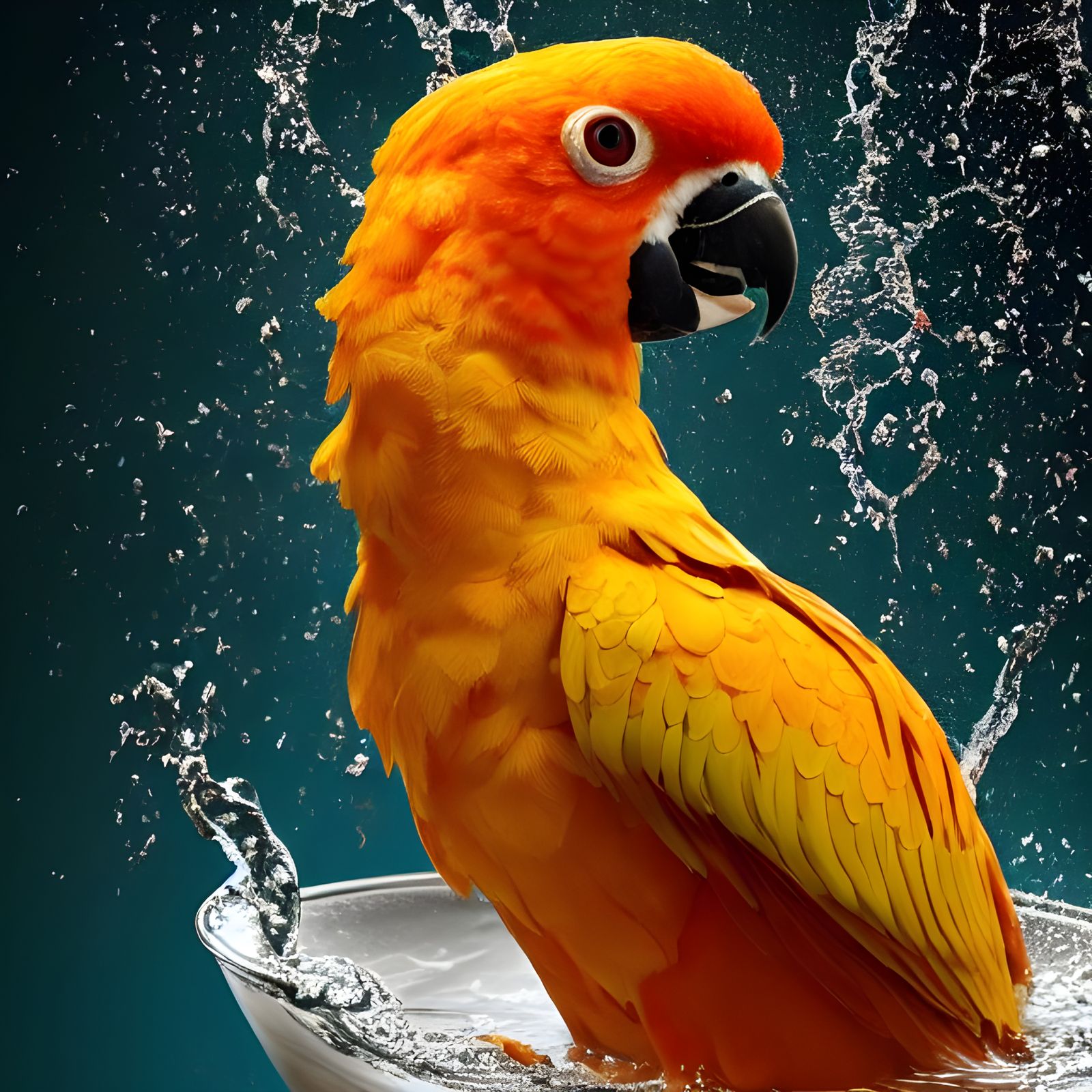 Sun Conure Splashing: Detailed Bird Portrait