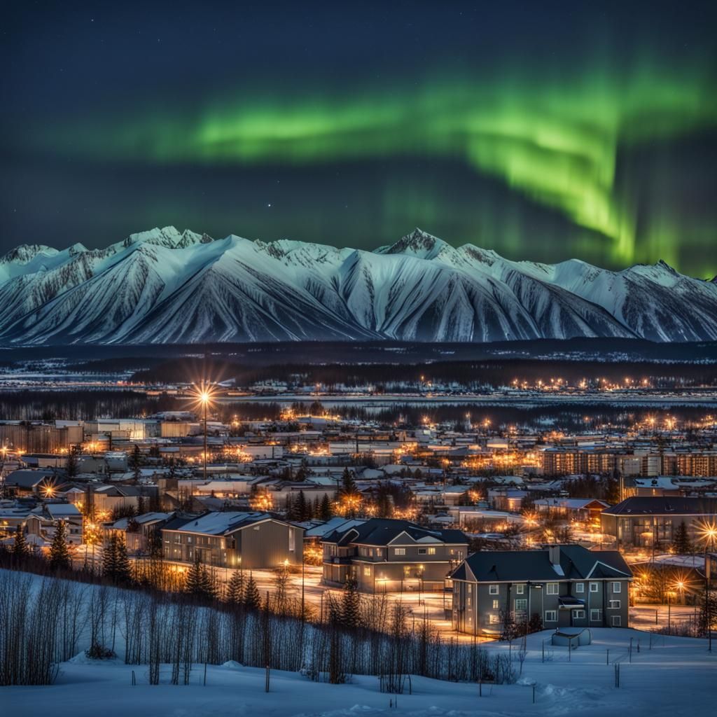 Alaskan City Skyline Under Northern Lights