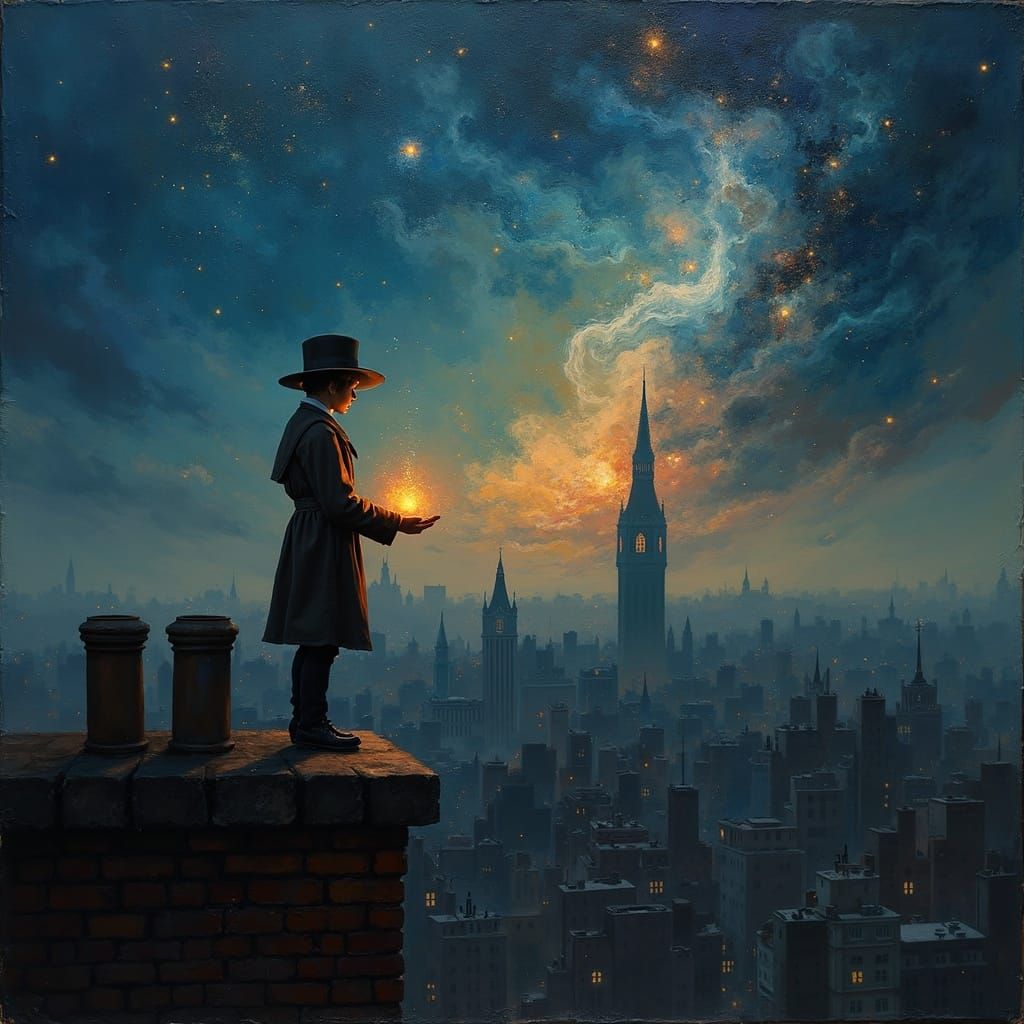 Chimney Sweep Boy Gazes at Cosmic Dusk Sky