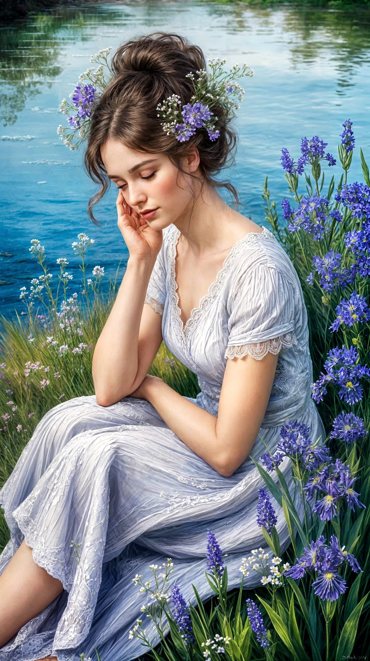 Ethereal Woman with Flowers: Impressionistic Oil Painting