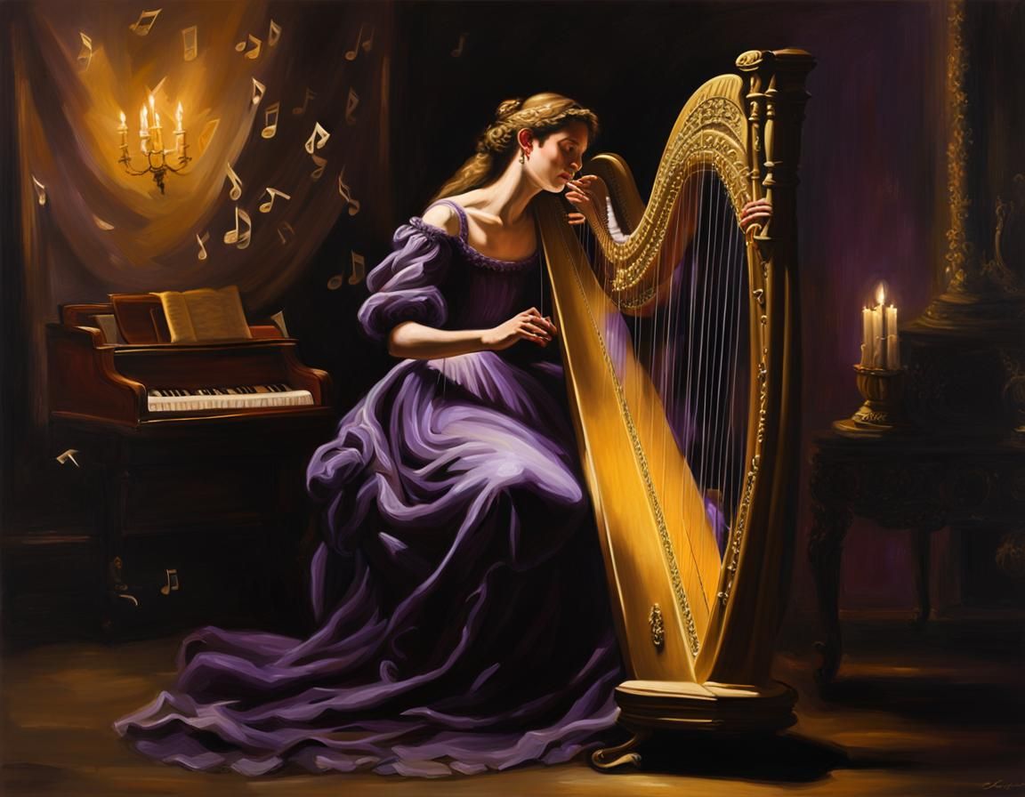Baroque Oil Painting: Woman Playing Harp at Night