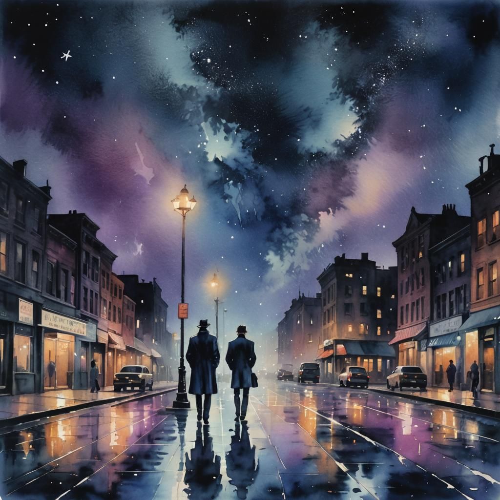 Film Noir Watercolor: Lone Figure in Cityscape