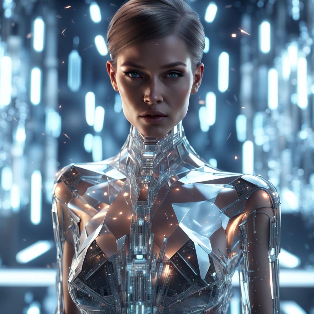 Glass Woman in Futuristic City: Sci-Fi Render