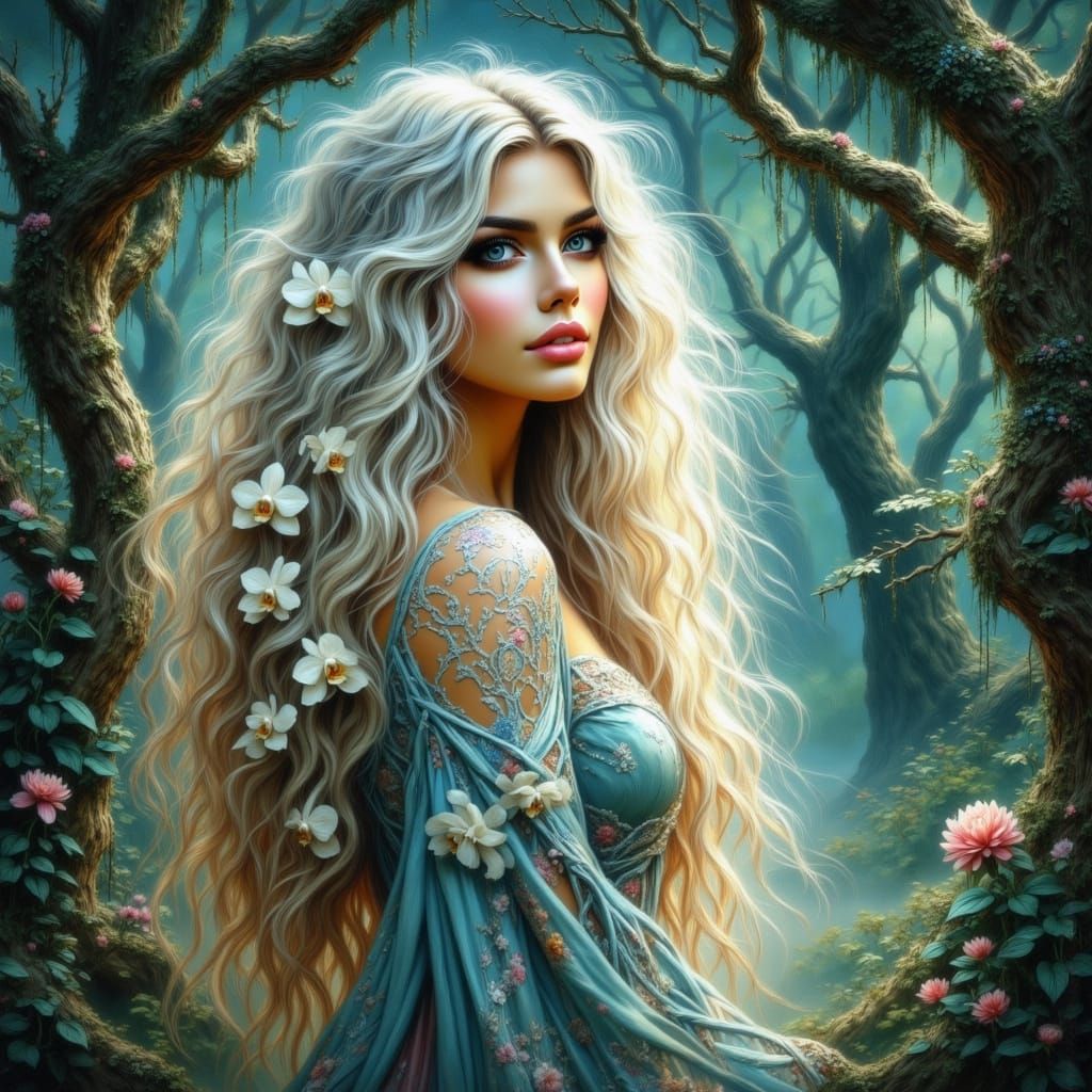 Ethereal Woman with Silver Hair in Mystical Forest