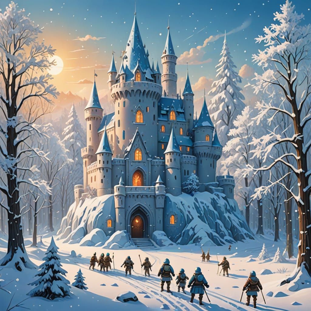 Whimsical Winter Fantasy Illustration of Snowy Forest and Ch...
