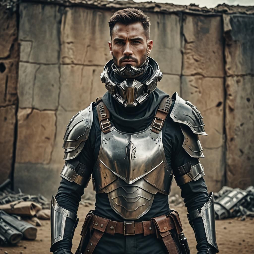 Hyperrealistic Man in Armor with Futuristic Weapon