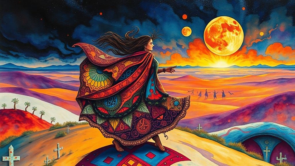 Mystical Gypsy Traveler in a Desert Landscape