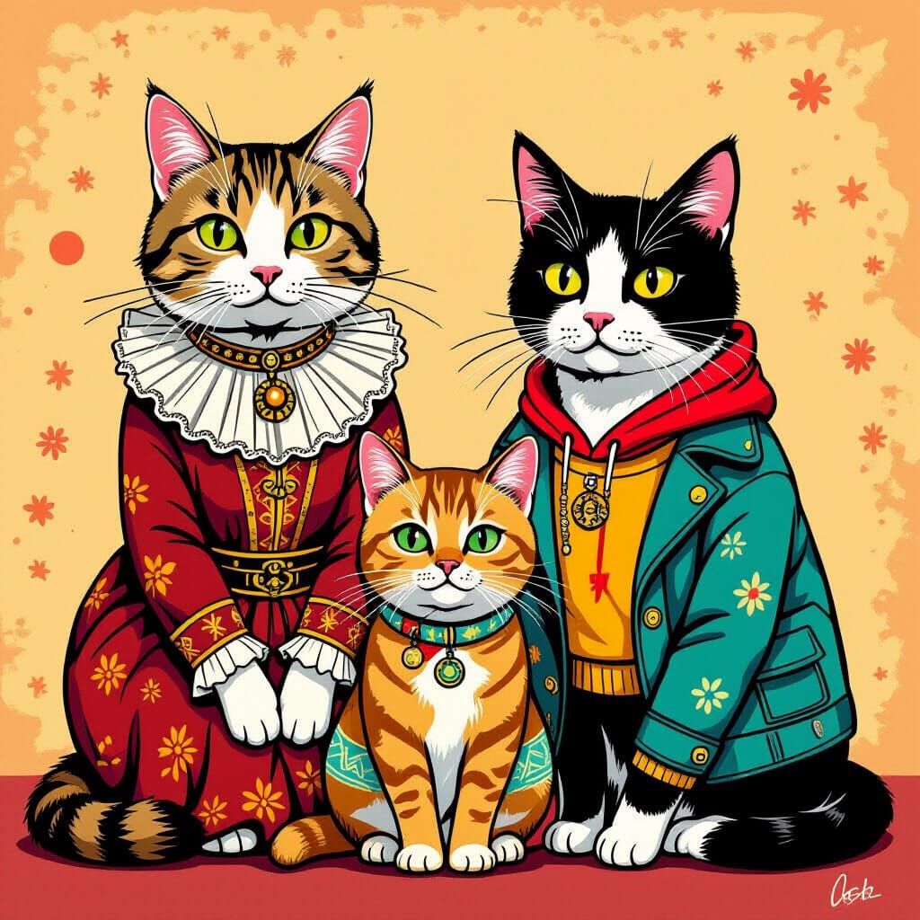 Cats Through Generations in Contemporary Illustration Style