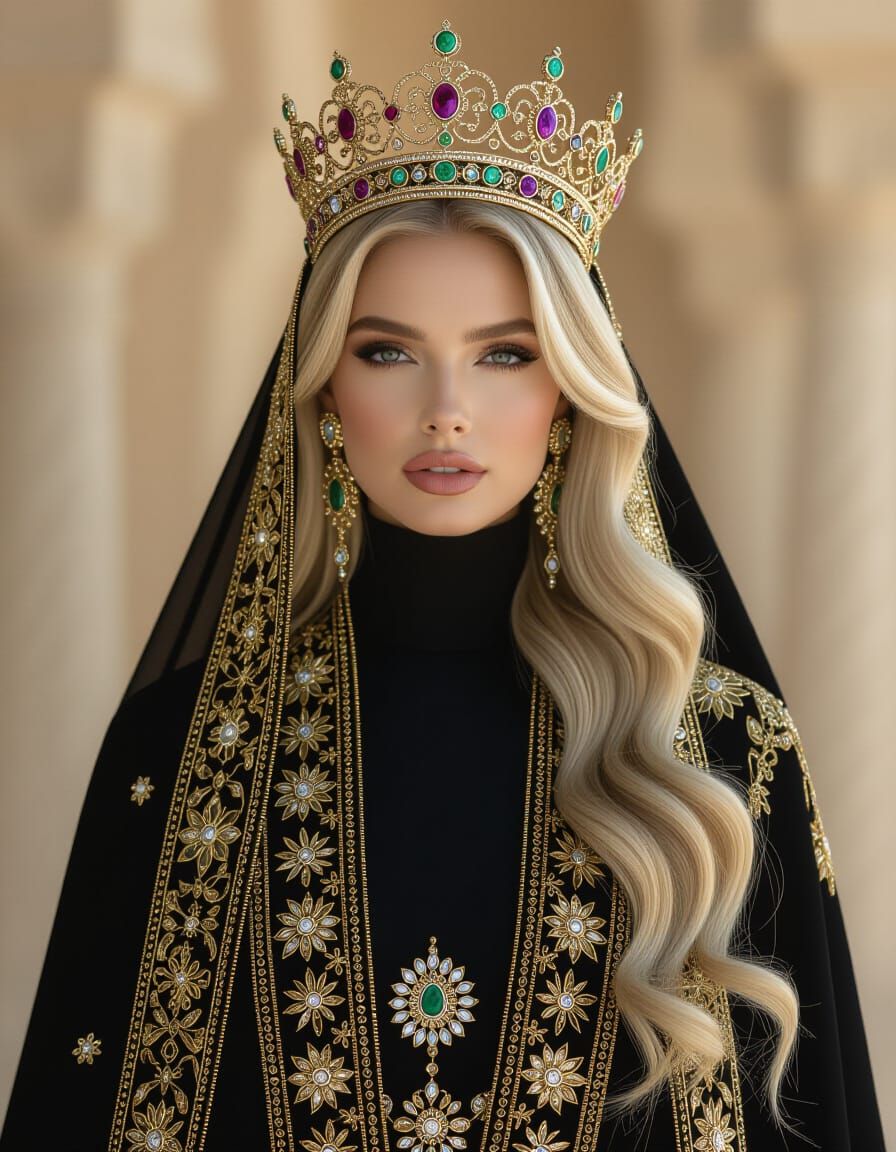 Regal Blonde in Luxurious Abaya: A Modern Royal Portrait