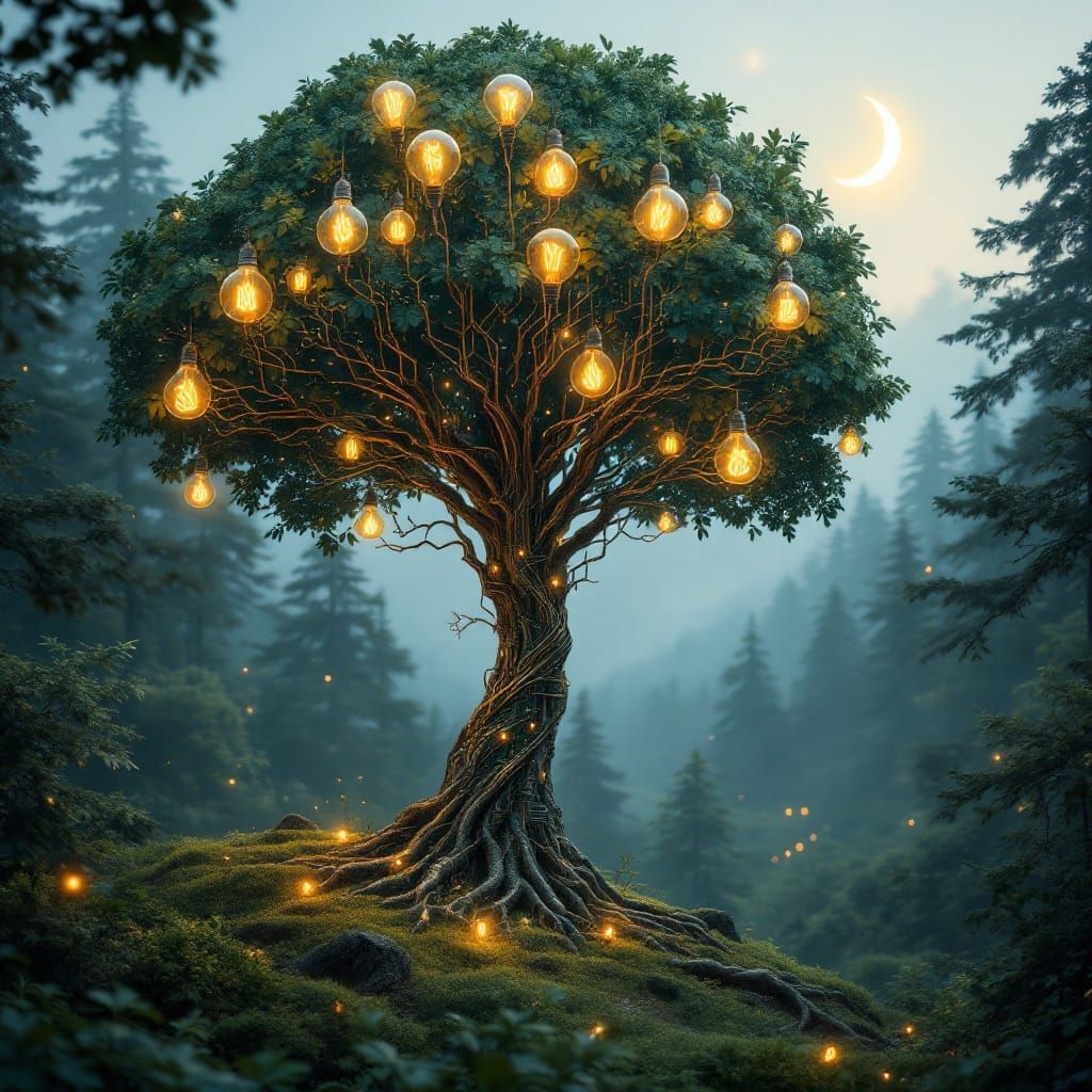 Futuristic Motherboard Tree with Light Bulb Fruit