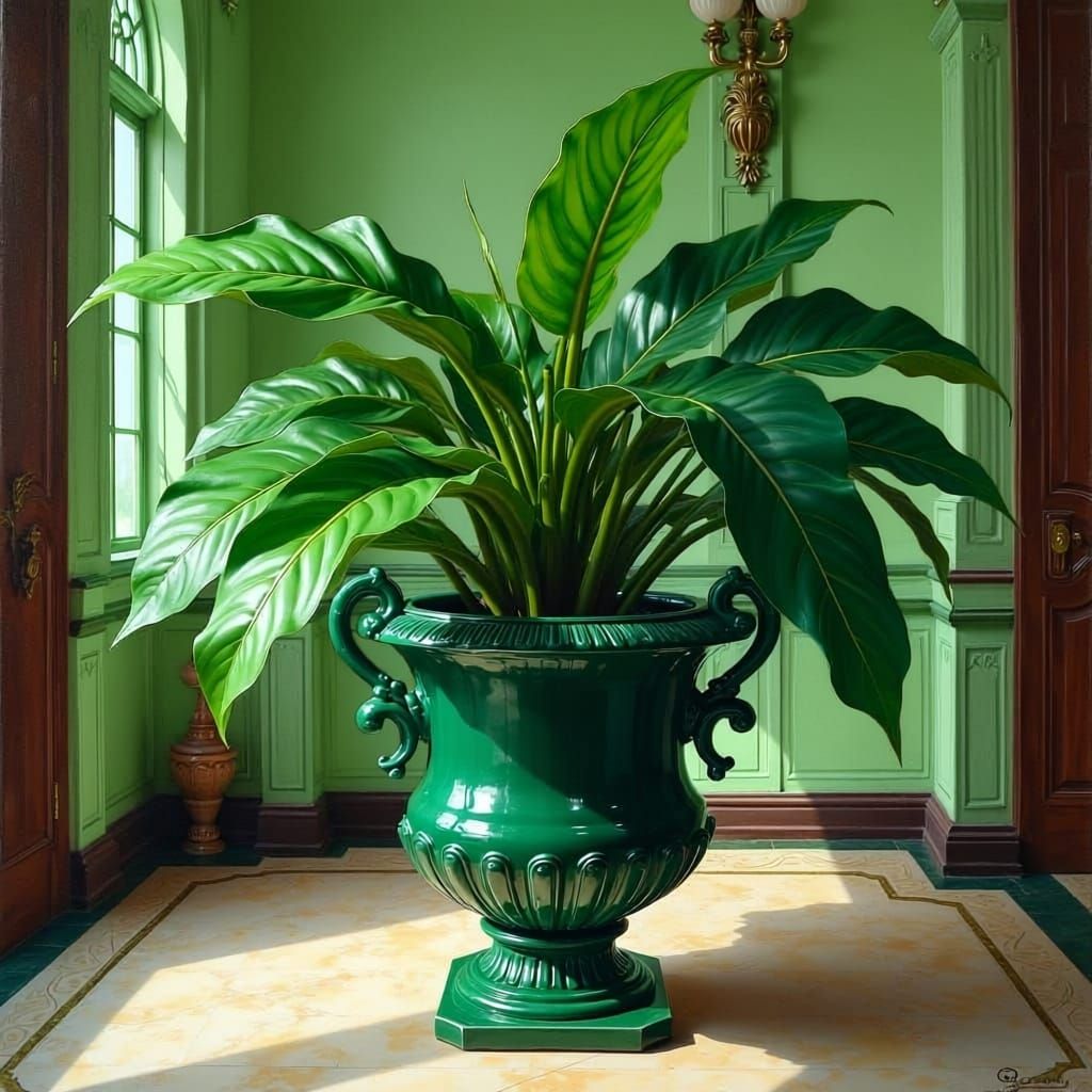 Art Nouveau Rubber Plant in Stylish Foyer Oil Painting