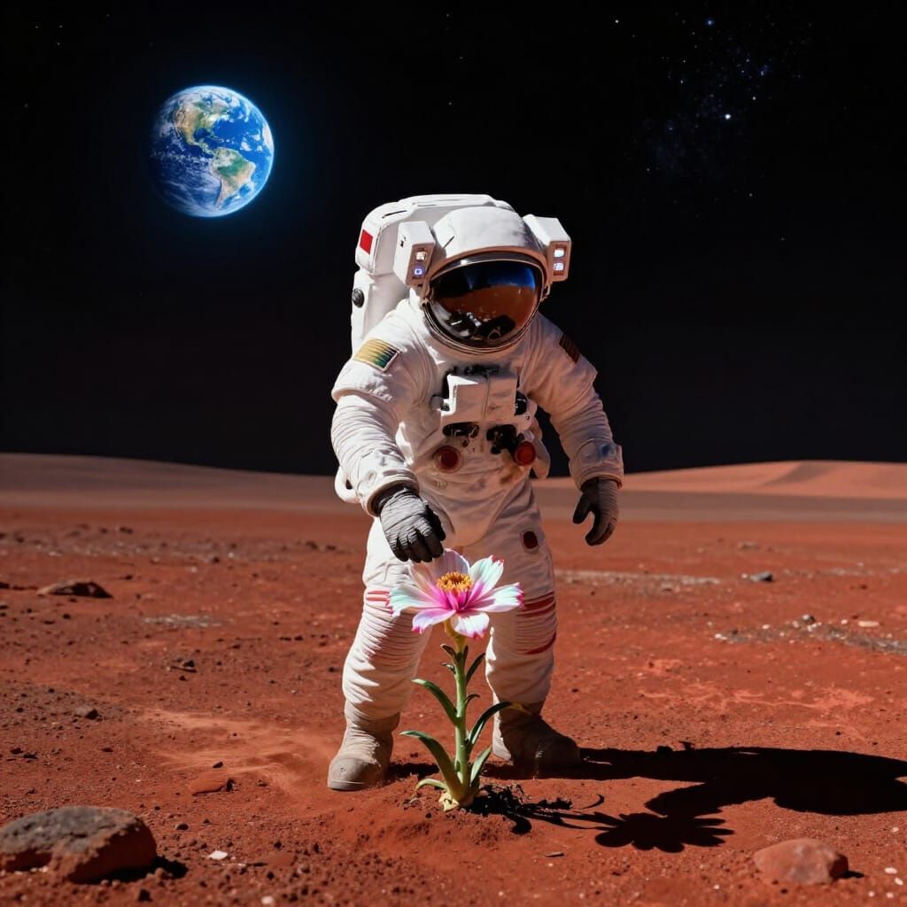 Astronaut Plants Alien Flower on Mars, Earth in Sky
