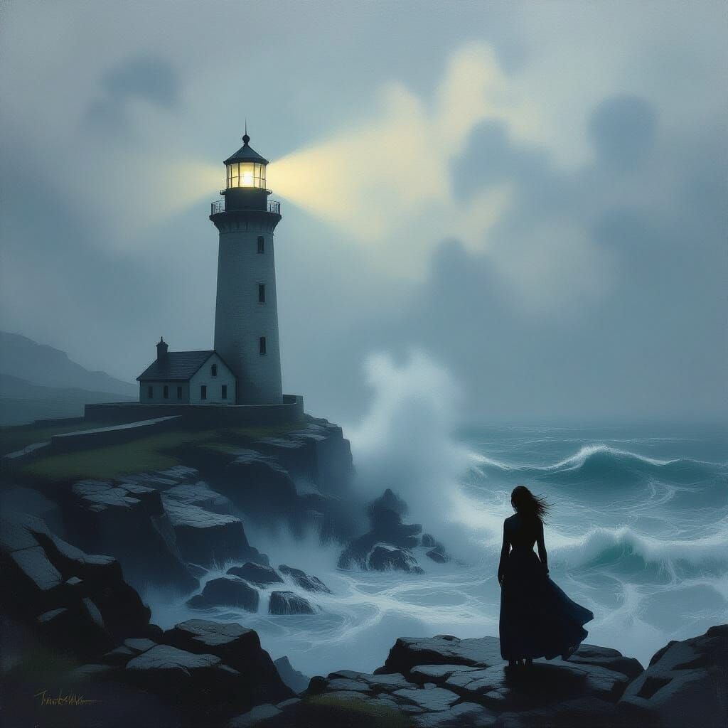 Solitary Lighthouse in Stormy Seas, Oil Painting