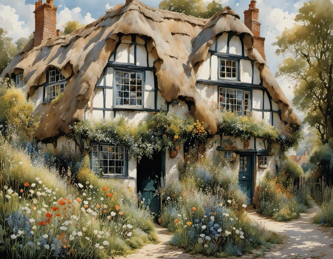 Idyllic Thatched Roof House with Spring Garden