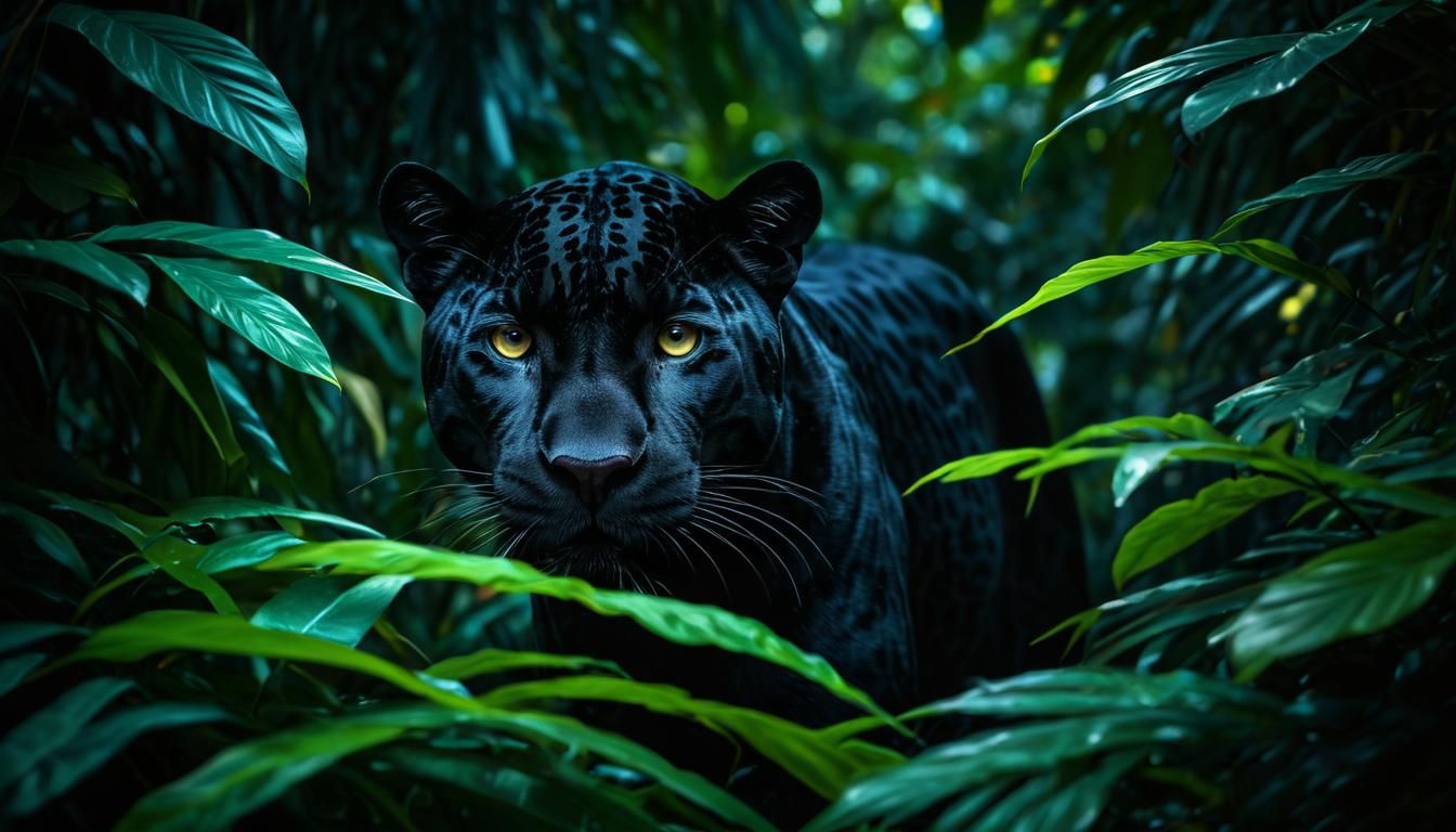 Iridescent Black Jaguar in Neon Jungle