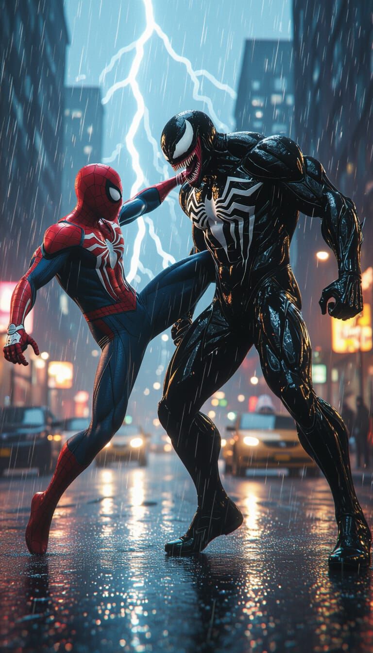 Spider-Man vs. Venom: Epic Battle in Rain-Soaked City