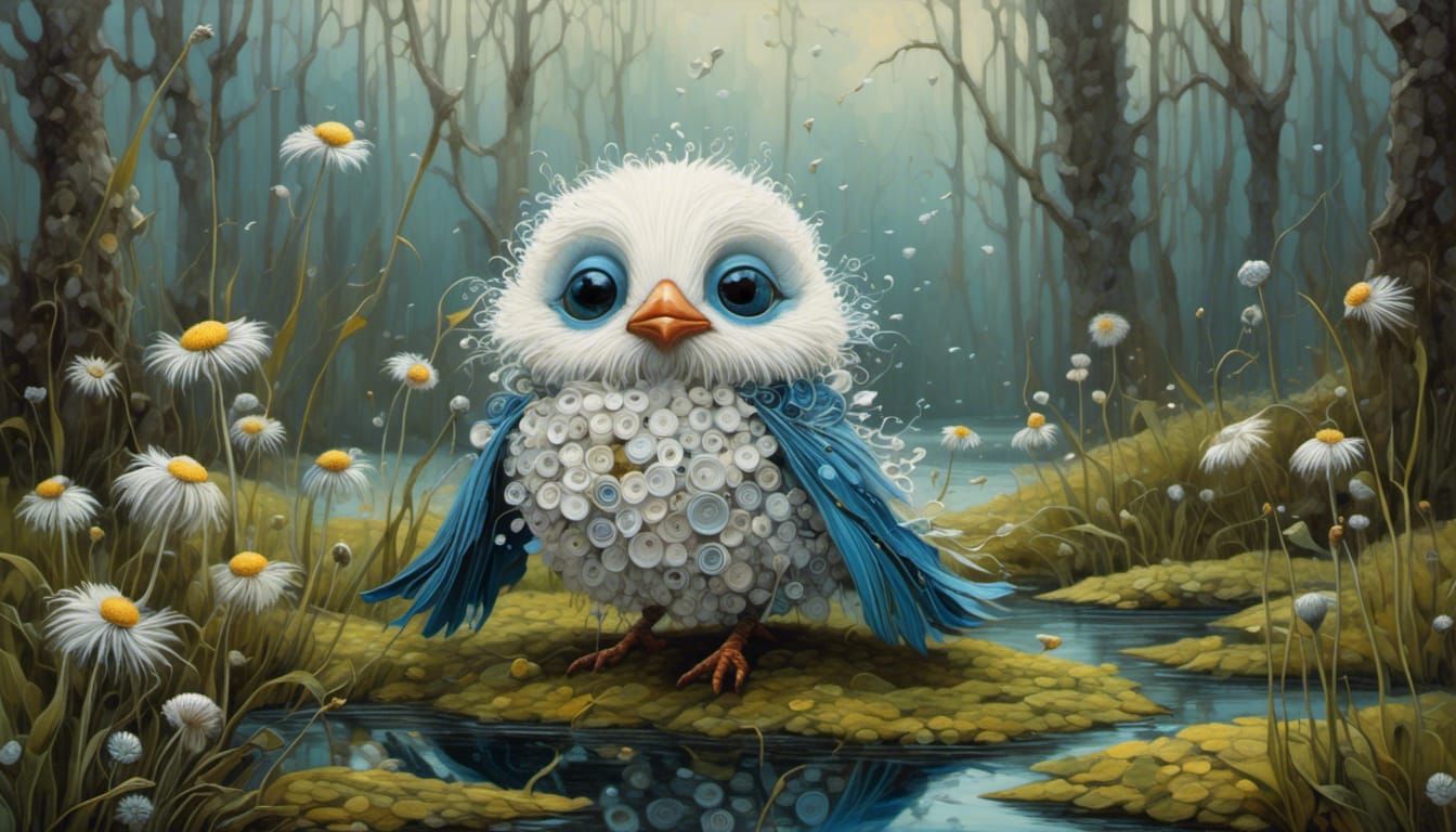 Adorable Bird in Dandelion, Impressionistic Style