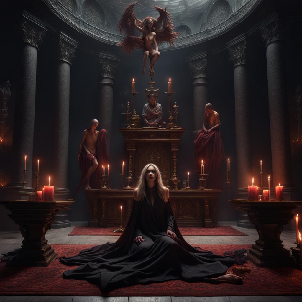 Satanic Ritual with Priest and Woman, Detailed Matte Paintin...