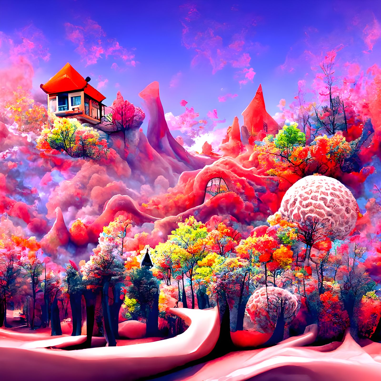 Psychedelic House in the Woods: Detailed Digital Art