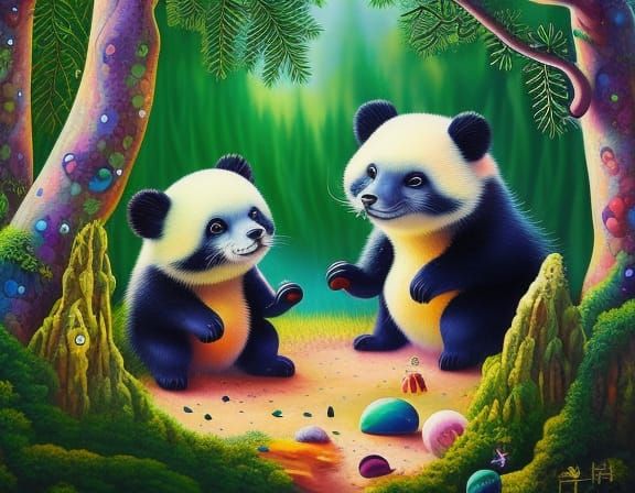Playful Pandas in Lush Forest: Whimsical Digital Art
