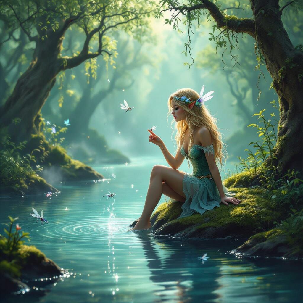 Enchanted Forest Lake with Water Sprite Digital Painting