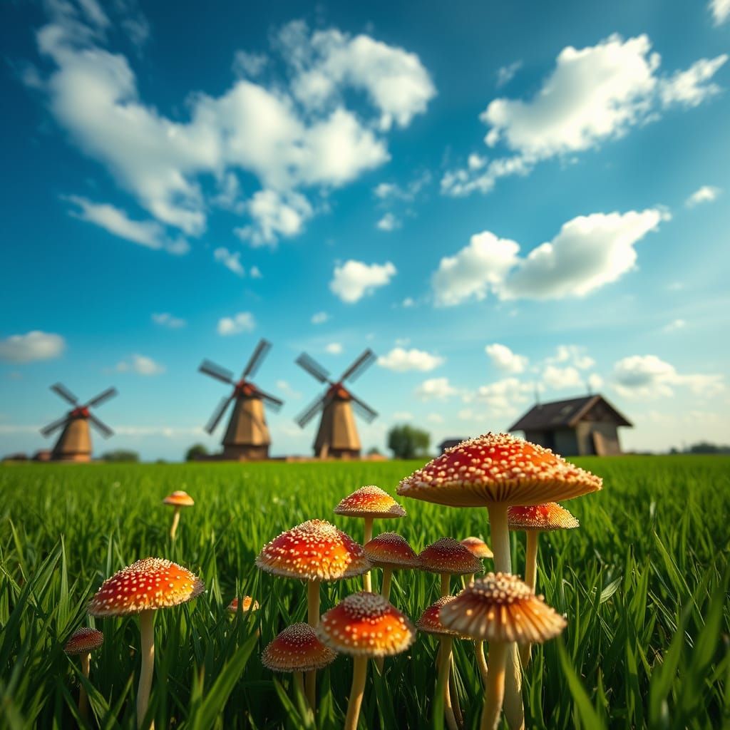 Surreal Mushrooms Flourish in a Dreamlike Landscape