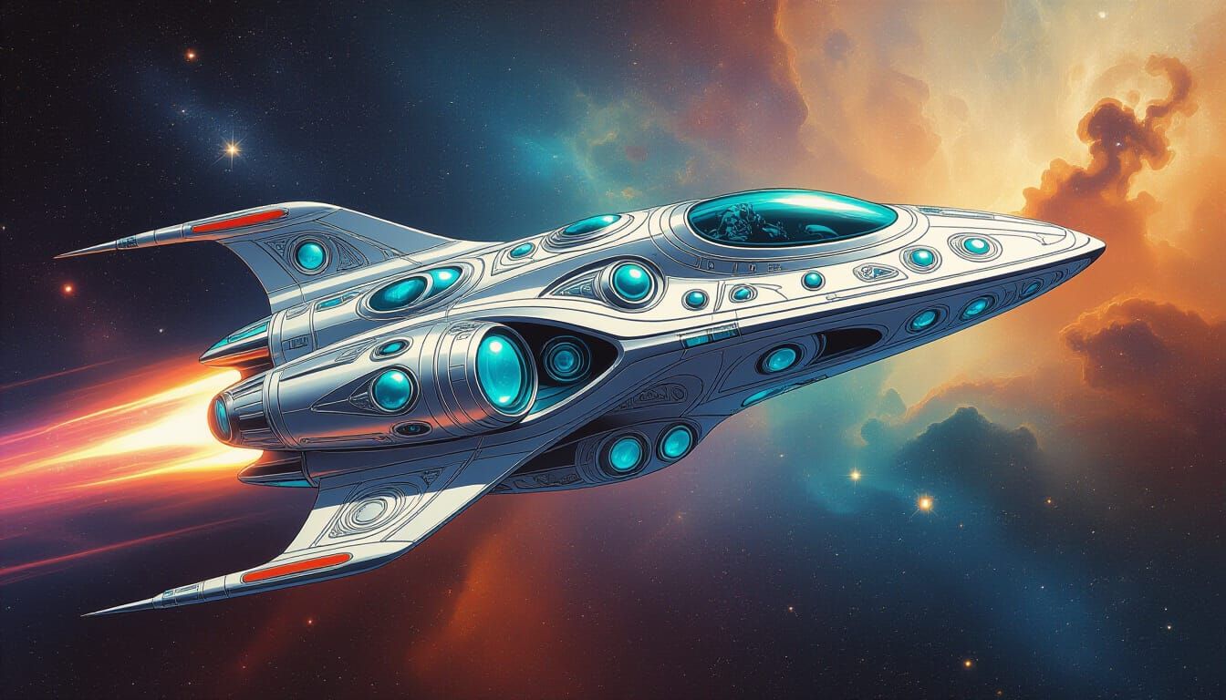Retro Sci-Fi Spaceship in Art Nouveau Style
