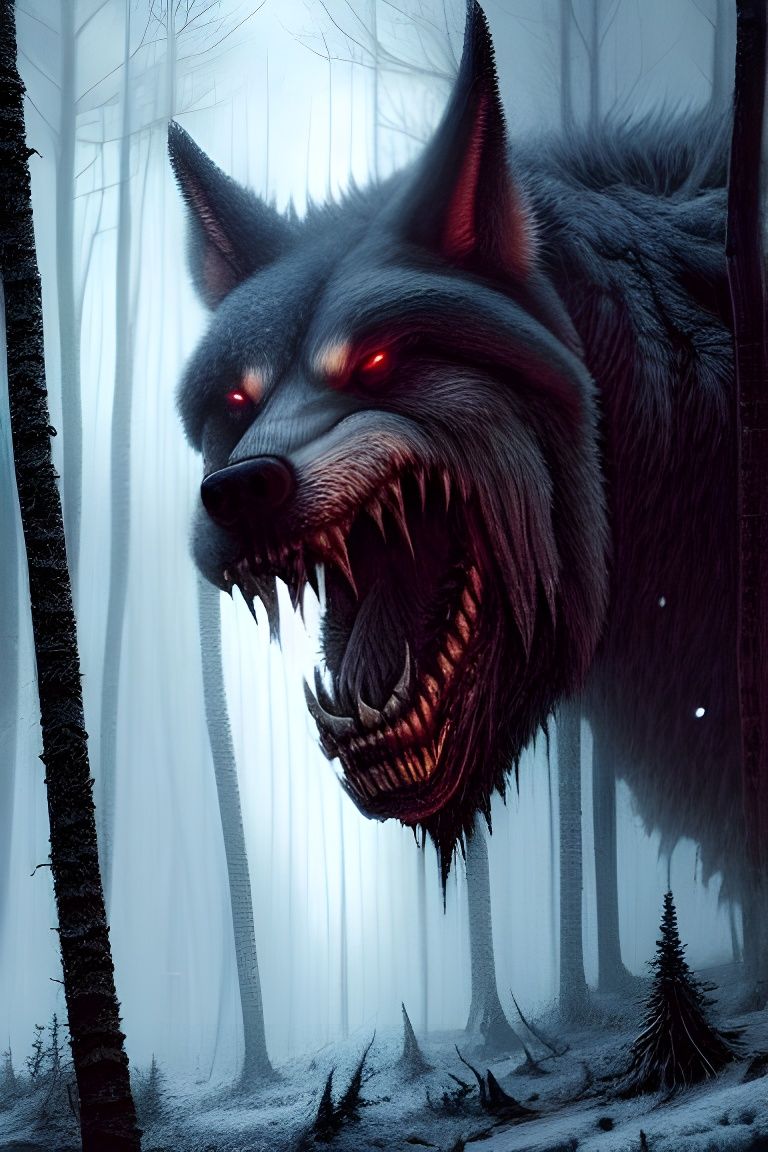 Terrifying Fenrir in Winter Forest: Digital Illustration