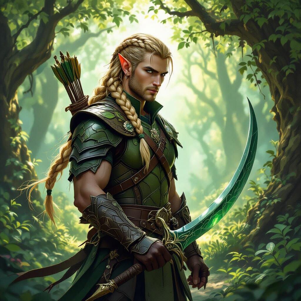 Male Elf Warrior with Green Sword in Enchanted Forest