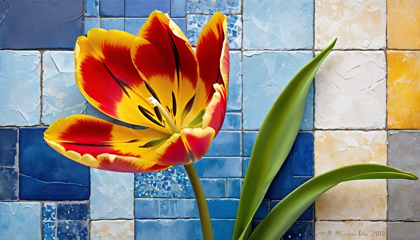 Whimsical Gouache Painting of a Red and Yellow Tulip