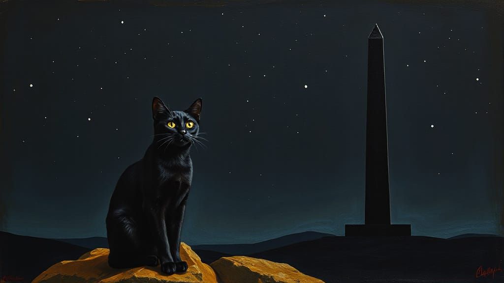 Regal Black Cat Beside a Cubist Obelisk Under a Dark Sky