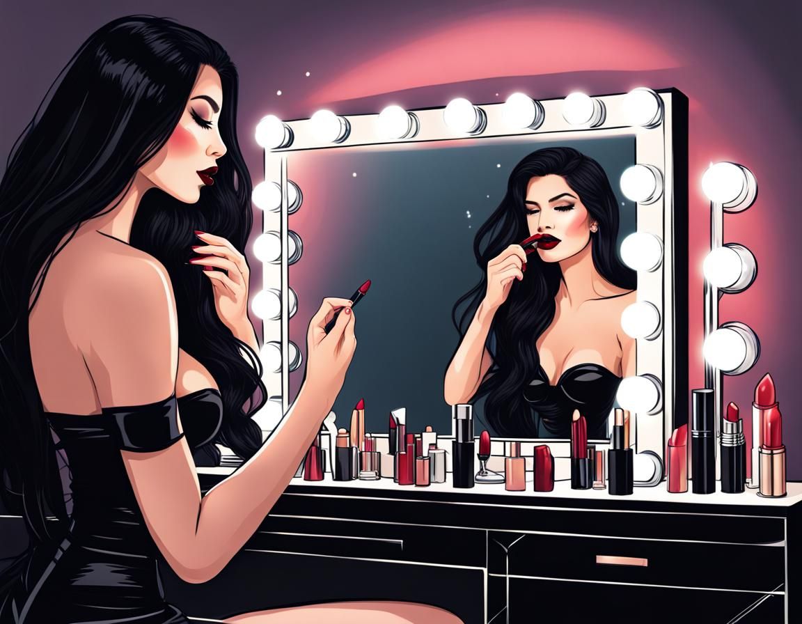 Glamorous Woman at Hollywood Vanity Mirror