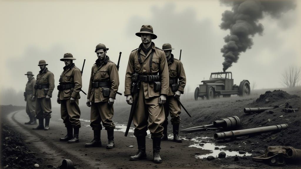 War-Ravaged Landscape: Soldiers in Somber Reflection