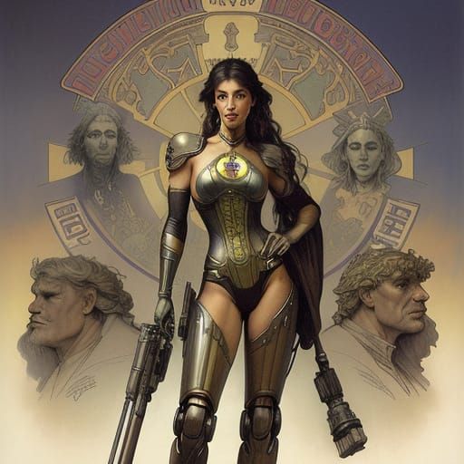 A rebel firefighter crossed with a powerful robot by James Gurney Luis Royo Alphonse Mucha